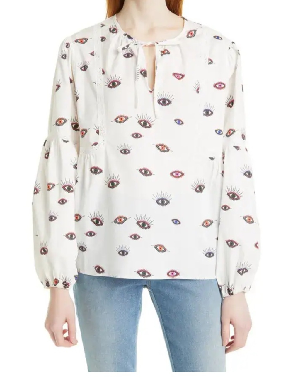 Nicole Miller Evil Eye Multicolor Tie Neck white peasant Blouse Small $165